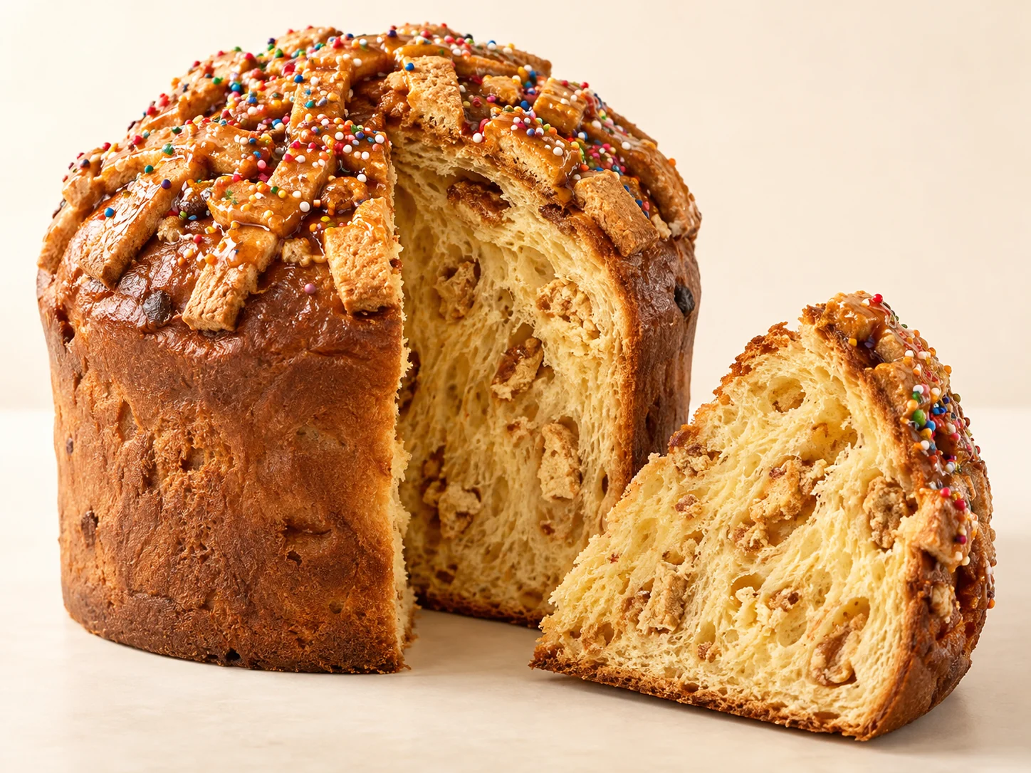 Detalle de la miga de panetón con trozos de turrón y corona de miel y grageas.